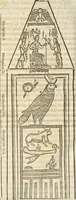 An illustration from Athanasii Kircheri e Soc. Iesu Obeliscus Pamphilius, hoc est, Interpretatio noua & hucusque intentata obelisci hieroglyphici quem non ita pridem ex veteri hippodromo Antonini Caracallae Caesaris, in agonale forum transtulit, integritati restituit & in Vbis Aeternae ornamentum erexit Innocentius X. Pont. Max. : in quo post varia Aegyptiacae, Chaldaicae, Hebraicae, Graecanicae antiquitatis doctrinaeque qua sacrae, qua profanae monumenta, veterum tandem theologia, hieroglyphicis inuoluta symbolis, detecta e tenebris in lucem asseritur (1650)