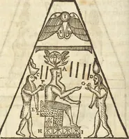An illustration from Athanasii Kircheri e Soc. Iesu Obeliscus Pamphilius, hoc est, Interpretatio noua & hucusque intentata obelisci hieroglyphici quem non ita pridem ex veteri hippodromo Antonini Caracallae Caesaris, in agonale forum transtulit, integritati restituit & in Vbis Aeternae ornamentum erexit Innocentius X. Pont. Max. : in quo post varia Aegyptiacae, Chaldaicae, Hebraicae, Graecanicae antiquitatis doctrinaeque qua sacrae, qua profanae monumenta, veterum tandem theologia, hieroglyphicis inuoluta symbolis, detecta e tenebris in lucem asseritur (1650)