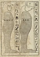 An illustration from Athanasii Kircheri è Societ. Jesu, Sphinx mystagoga, sive, Diatribe hieroglyphica : qua mumiae, ex Memphiticis pyramidum adytis erutae, & non ita pridem in Galliam transmissae, juxta veterum hieromystarum mentem, intentionemque, plena fide & exacta exhibetur interpretatio : ad inclytos, abstrusiorumque cognitionum peritia instructissimos Galliae philologos directa (1676)