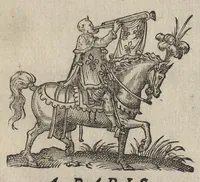 An illustration from Bref et sommaire recueil de ce qui a esté faict, & de l'ordre tenüe à la ioyeuse & triumphante entree de tres-puissant, tres-magnanime & tres-chrestien Prince Charles IX. de ce nom, roy de France, en sa bonne ville & cité de Paris, capitale de son royaume, le mardy sixiesme iour de mars : avec Le covronnement de tres-haute, tres-illustre & tres-excellente Princesse Madame Elizabet d'Austriche son espouse, le dimanche vingtcinquiesme ; et Entree de ladicte Dame en icelle ville ieudi XXIX. dudict mois de mars, M.D.LXXI (1572)