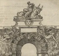Picture 11 of 12 from Bref et sommaire recueil de ce qui a esté faict, & de l'ordre tenüe à la ioyeuse & triumphante entree de tres-puissant, tres-magnanime & tres-chrestien Prince Charles IX. de ce nom, roy de France, en sa bonne ville & cité de Paris, capitale de son royaume, le mardy sixiesme iour de mars : avec Le covronnement de tres-haute, tres-illustre & tres-excellente Princesse Madame Elizabet d'Austriche son espouse, le dimanche vingtcinquiesme ; et Entree de ladicte Dame en icelle ville ieudi XXIX. dudict mois de mars, M.D.LXXI (1572), leaf 162