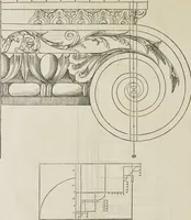 An illustration from Reigle generalle d'architectvre des cinq manieres de colonnes : à sçauoir, tuscane, dorique, ionique, corinthe, & cõposite : & enrichi de plusieurs autres, à exemple de l'antique (1568)