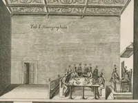 An illustration from De abbreuiatorum de parco maiori, siue, Assistentium S.R.E. Vicecancellario in literarum apostolicarum expeditionibus antiquo statu, illorumue in collegium erectione, munere, dignitate, praerogatiuis, ac priuilegijs : dissertatio historica (1691)