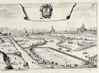 An illustration from L'arte di restituire à Roma la tralasciata nauigatione del suo Teuere : divisa in tre parti. 1. Gl'impedimenti, che sono nell'alueo del Teuere da Roma à Perugia, e suoi rimedij. 2. Le difficoltà, che sono nella nauigatione del Teuere da Roma sino al mare, e suoi rimedij. 3. Nella quale si discorre perche Roma è stata fabricata, e mantenuta sù le sponde del Teuere, e si tratta d'alcun'altre propositioni proficue per lo stato ecclesiastico. (1685)