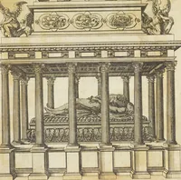 An illustration from Second livre d'architectvre, contenant plusieurs & diuerses ordonances de cheminees, lucarnes, portes, fonteines, puis & pauillons, pour enrichir tant le dedans que le dehors de tous edifices. Auec les desseins de dix sepultures toutes differentes (1561)