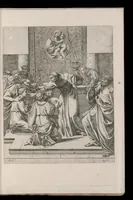 An illustration from Vita di San Diego, dipinta nella Cappella di S. Giacomo de Spagnuoli in Roma da Annibale Carracci (1646)