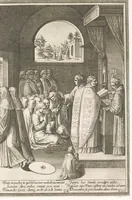 An illustration from Vita et miracvla sanctiss.mi patris Benedicti : ex libro ii dialogorum beati Gregorii papae et monachi collecta : et ad instantiam deuotorum monachorum congregationis eiusdem s.ti Benedicti Hispaniarum aeneis tÿpis accuratissimè delineata (1579)