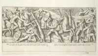 An illustration from Colonna Traiana eretta dal Senato e popolo romano all'imperatore Traiano Augusto nel suo foro in Roma. Scolpita con l'historie della guerra dacica la prima e la seconda espeditione, e vittoria contro il re Decebalo (1672)