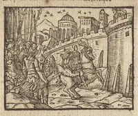 An illustration from Pvb. Ovidii Nasonis Metamorphoseon libri XV : post omnes omnium editiones emendati, & recens cum scholiis in margine, ac breuissimis in singulas quasque fabulas argumentis illustrati, tum artificiosis picturis : in gratiam studiosae iuuentutis, nunc primum editis : cum indice fabularum copiosissimo (1583)