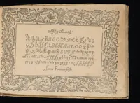 An illustration from Il primo libro di scrivere di Iacomo Romano : dove s'insegna la vera maniera delle cancellaresche corsive, e di tvtte qvelle sorti di lettere che a vn bvon scrittore si appartengono di sapere, & che al presente sono in vso : con li avertimenti et regole, sopra ciascvna sorte di lettera, con le quali ogni mediocre ingegno potrà facilmente da se stesso imparare : con il modo di temperar le penne per dette forti di lettere, & come si deuono tenere in mano, per scriuer bene (1589)