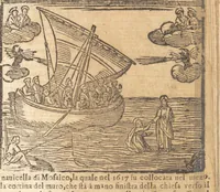 An illustration from Le cose meravigliose dell'alma città di Roma : doue si tratta delle chiese, stationi, reliquie, corpi santi, che vi sono : e diuersi maritaggi di pouere zitelle, che si fanno : con la guida romana, che insegna facilmente à forastieri di ritrouare le cose più notabili di Roma : li nomi de' sommi pontefici, imperatori, & altri principi christiani : con le principali poste d'Italia : con aggiunta d'altre cose fatte da Clemente VIII. Paolo V. e di Vrb. VIII. di F.M. : con le sette merauiglie del mondo, & altre cose notabili (1650)