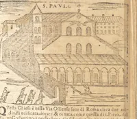 An illustration from Le cose meravigliose dell'alma città di Roma : doue si tratta delle chiese, stationi, reliquie, corpi santi, che vi sono : e diuersi maritaggi di pouere zitelle, che si fanno : con la guida romana, che insegna facilmente à forastieri di ritrouare le cose più notabili di Roma : li nomi de' sommi pontefici, imperatori, & altri principi christiani : con le principali poste d'Italia : con aggiunta d'altre cose fatte da Clemente VIII. Paolo V. e di Vrb. VIII. di F.M. : con le sette merauiglie del mondo, & altre cose notabili (1650)