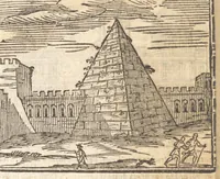 An illustration from Le cose meravigliose dell'alma città di Roma : doue si tratta delle chiese, stationi, reliquie, corpi santi, che vi sono : e diuersi maritaggi di pouere zitelle, che si fanno : con la guida romana, che insegna facilmente à forastieri di ritrouare le cose più notabili di Roma : li nomi de' sommi pontefici, imperatori, & altri principi christiani : con le principali poste d'Italia : con aggiunta d'altre cose fatte da Clemente VIII. Paolo V. e di Vrb. VIII. di F.M. : con le sette merauiglie del mondo, & altre cose notabili (1650)