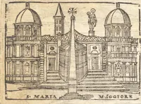 An illustration from Le cose meravigliose dell'alma città di Roma : doue si tratta delle chiese, stationi, reliquie, corpi santi, che vi sono : e diuersi maritaggi di pouere zitelle, che si fanno : con la guida romana, che insegna facilmente à forastieri di ritrouare le cose più notabili di Roma : li nomi de' sommi pontefici, imperatori, & altri principi christiani : con le principali poste d'Italia : con aggiunta d'altre cose fatte da Clemente VIII. Paolo V. e di Vrb. VIII. di F.M. : con le sette merauiglie del mondo, & altre cose notabili (1650)