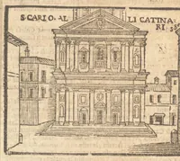 Picture 13 of 35 from Le cose meravigliose dell'alma città di Roma : doue si tratta delle chiese, stationi, reliquie, corpi santi, che vi sono : e diuersi maritaggi di pouere zitelle, che si fanno : con la guida romana, che insegna facilmente à forastieri di ritrouare le cose più notabili di Roma : li nomi de' sommi pontefici, imperatori, & altri principi christiani : con le principali poste d'Italia : con aggiunta d'altre cose fatte da Clemente VIII. Paolo V. e di Vrb. VIII. di F.M. : con le sette merauiglie del mondo, & altre cose notabili (1650), leaf 45