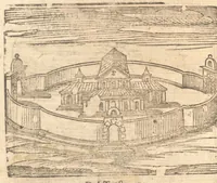 An illustration from Le cose meravigliose dell'alma città di Roma : doue si tratta delle chiese, stationi, reliquie, corpi santi, che vi sono : e diuersi maritaggi di pouere zitelle, che si fanno : con la guida romana, che insegna facilmente à forastieri di ritrouare le cose più notabili di Roma : li nomi de' sommi pontefici, imperatori, & altri principi christiani : con le principali poste d'Italia : con aggiunta d'altre cose fatte da Clemente VIII. Paolo V. e di Vrb. VIII. di F.M. : con le sette merauiglie del mondo, & altre cose notabili (1650)