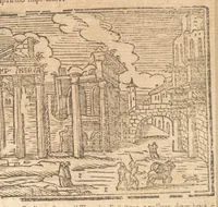 An illustration from Le cose meravigliose dell'alma città di Roma : doue si tratta delle chiese, stationi, reliquie, corpi santi, che vi sono : e diuersi maritaggi di pouere zitelle, che si fanno : con la guida romana, che insegna facilmente à forastieri di ritrouare le cose più notabili di Roma : li nomi de' sommi pontefici, imperatori, & altri principi christiani : con le principali poste d'Italia : con aggiunta d'altre cose fatte da Clemente VIII. Paolo V. e di Vrb. VIII. di F.M. : con le sette merauiglie del mondo, & altre cose notabili (1650)