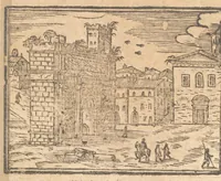 An illustration from Le cose meravigliose dell'alma città di Roma : doue si tratta delle chiese, stationi, reliquie, corpi santi, che vi sono : e diuersi maritaggi di pouere zitelle, che si fanno : con la guida romana, che insegna facilmente à forastieri di ritrouare le cose più notabili di Roma : li nomi de' sommi pontefici, imperatori, & altri principi christiani : con le principali poste d'Italia : con aggiunta d'altre cose fatte da Clemente VIII. Paolo V. e di Vrb. VIII. di F.M. : con le sette merauiglie del mondo, & altre cose notabili (1650)