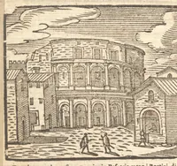 An illustration from Le cose meravigliose dell'alma città di Roma : doue si tratta delle chiese, stationi, reliquie, corpi santi, che vi sono : e diuersi maritaggi di pouere zitelle, che si fanno : con la guida romana, che insegna facilmente à forastieri di ritrouare le cose più notabili di Roma : li nomi de' sommi pontefici, imperatori, & altri principi christiani : con le principali poste d'Italia : con aggiunta d'altre cose fatte da Clemente VIII. Paolo V. e di Vrb. VIII. di F.M. : con le sette merauiglie del mondo, & altre cose notabili (1650)