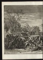 An illustration from Advis fidelle aux veritables Hollandois. Touchant ce qui s'est passé dans les villages de Bodegrave & Swammerdam, & les cruautés inoüies, que les François y ont exercées. Avec un memoire de la derniere marche de l'armée du roy de France en Brabant & en Flandre (1673)