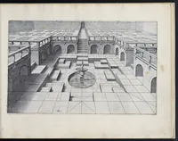 An illustration from Perspective, id est, Celeberrima ars inspicientis aut transpicientis oculorum aciei : in pariete, tabula aut tela depicta, in qua demonstrantur quaedam tam antiqua, quam nova aedificia, templorum, sive aedium, aularum, cubicularum, ambulaciorum, platearum, xystorum, hortorum, fororum, viarum et hujusmodi alia, quae nituntur suis fondamentalibus lineis, quorum fondamentum descriptionibus clare exsplicatur, perutilis ac necessaria, omnibus pictoribus, sculptoribus, statuariis, fabriferrariis, architectis, inventoribus, cæmentariis, scrinariis, fabrilignariis, & omnibus artium amatoribus, qui huic arti operam dare volent, majori cum voluptate, & minori cum labore (1604)