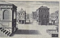 Picture 24 of 38 from Perspective, id est, Celeberrima ars inspicientis aut transpicientis oculorum aciei : in pariete, tabula aut tela depicta, in qua demonstrantur quaedam tam antiqua, quam nova aedificia, templorum, sive aedium, aularum, cubicularum, ambulaciorum, platearum, xystorum, hortorum, fororum, viarum et hujusmodi alia, quae nituntur suis fondamentalibus lineis, quorum fondamentum descriptionibus clare exsplicatur, perutilis ac necessaria, omnibus pictoribus, sculptoribus, statuariis, fabriferrariis, architectis, inventoribus, cæmentariis, scrinariis, fabrilignariis, & omnibus artium amatoribus, qui huic arti operam dare volent, majori cum voluptate, & minori cum labore (1604), leaf 106