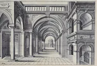 Picture 25 of 38 from Perspective, id est, Celeberrima ars inspicientis aut transpicientis oculorum aciei : in pariete, tabula aut tela depicta, in qua demonstrantur quaedam tam antiqua, quam nova aedificia, templorum, sive aedium, aularum, cubicularum, ambulaciorum, platearum, xystorum, hortorum, fororum, viarum et hujusmodi alia, quae nituntur suis fondamentalibus lineis, quorum fondamentum descriptionibus clare exsplicatur, perutilis ac necessaria, omnibus pictoribus, sculptoribus, statuariis, fabriferrariis, architectis, inventoribus, cæmentariis, scrinariis, fabrilignariis, & omnibus artium amatoribus, qui huic arti operam dare volent, majori cum voluptate, & minori cum labore (1604), leaf 110