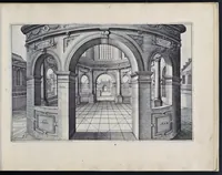 Picture 26 of 38 from Perspective, id est, Celeberrima ars inspicientis aut transpicientis oculorum aciei : in pariete, tabula aut tela depicta, in qua demonstrantur quaedam tam antiqua, quam nova aedificia, templorum, sive aedium, aularum, cubicularum, ambulaciorum, platearum, xystorum, hortorum, fororum, viarum et hujusmodi alia, quae nituntur suis fondamentalibus lineis, quorum fondamentum descriptionibus clare exsplicatur, perutilis ac necessaria, omnibus pictoribus, sculptoribus, statuariis, fabriferrariis, architectis, inventoribus, cæmentariis, scrinariis, fabrilignariis, & omnibus artium amatoribus, qui huic arti operam dare volent, majori cum voluptate, & minori cum labore (1604), leaf 114
