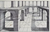An illustration from Perspective, id est, Celeberrima ars inspicientis aut transpicientis oculorum aciei : in pariete, tabula aut tela depicta, in qua demonstrantur quaedam tam antiqua, quam nova aedificia, templorum, sive aedium, aularum, cubicularum, ambulaciorum, platearum, xystorum, hortorum, fororum, viarum et hujusmodi alia, quae nituntur suis fondamentalibus lineis, quorum fondamentum descriptionibus clare exsplicatur, perutilis ac necessaria, omnibus pictoribus, sculptoribus, statuariis, fabriferrariis, architectis, inventoribus, cæmentariis, scrinariis, fabrilignariis, & omnibus artium amatoribus, qui huic arti operam dare volent, majori cum voluptate, & minori cum labore (1604)