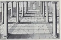 Picture 29 of 38 from Perspective, id est, Celeberrima ars inspicientis aut transpicientis oculorum aciei : in pariete, tabula aut tela depicta, in qua demonstrantur quaedam tam antiqua, quam nova aedificia, templorum, sive aedium, aularum, cubicularum, ambulaciorum, platearum, xystorum, hortorum, fororum, viarum et hujusmodi alia, quae nituntur suis fondamentalibus lineis, quorum fondamentum descriptionibus clare exsplicatur, perutilis ac necessaria, omnibus pictoribus, sculptoribus, statuariis, fabriferrariis, architectis, inventoribus, cæmentariis, scrinariis, fabrilignariis, & omnibus artium amatoribus, qui huic arti operam dare volent, majori cum voluptate, & minori cum labore (1604), leaf 142
