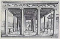 Picture 30 of 38 from Perspective, id est, Celeberrima ars inspicientis aut transpicientis oculorum aciei : in pariete, tabula aut tela depicta, in qua demonstrantur quaedam tam antiqua, quam nova aedificia, templorum, sive aedium, aularum, cubicularum, ambulaciorum, platearum, xystorum, hortorum, fororum, viarum et hujusmodi alia, quae nituntur suis fondamentalibus lineis, quorum fondamentum descriptionibus clare exsplicatur, perutilis ac necessaria, omnibus pictoribus, sculptoribus, statuariis, fabriferrariis, architectis, inventoribus, cæmentariis, scrinariis, fabrilignariis, & omnibus artium amatoribus, qui huic arti operam dare volent, majori cum voluptate, & minori cum labore (1604), leaf 144