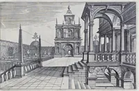 Picture 31 of 38 from Perspective, id est, Celeberrima ars inspicientis aut transpicientis oculorum aciei : in pariete, tabula aut tela depicta, in qua demonstrantur quaedam tam antiqua, quam nova aedificia, templorum, sive aedium, aularum, cubicularum, ambulaciorum, platearum, xystorum, hortorum, fororum, viarum et hujusmodi alia, quae nituntur suis fondamentalibus lineis, quorum fondamentum descriptionibus clare exsplicatur, perutilis ac necessaria, omnibus pictoribus, sculptoribus, statuariis, fabriferrariis, architectis, inventoribus, cæmentariis, scrinariis, fabrilignariis, & omnibus artium amatoribus, qui huic arti operam dare volent, majori cum voluptate, & minori cum labore (1604), leaf 146