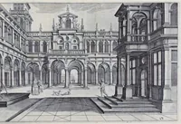 Picture 32 of 38 from Perspective, id est, Celeberrima ars inspicientis aut transpicientis oculorum aciei : in pariete, tabula aut tela depicta, in qua demonstrantur quaedam tam antiqua, quam nova aedificia, templorum, sive aedium, aularum, cubicularum, ambulaciorum, platearum, xystorum, hortorum, fororum, viarum et hujusmodi alia, quae nituntur suis fondamentalibus lineis, quorum fondamentum descriptionibus clare exsplicatur, perutilis ac necessaria, omnibus pictoribus, sculptoribus, statuariis, fabriferrariis, architectis, inventoribus, cæmentariis, scrinariis, fabrilignariis, & omnibus artium amatoribus, qui huic arti operam dare volent, majori cum voluptate, & minori cum labore (1604), leaf 154