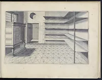 An illustration from Perspective, id est, Celeberrima ars inspicientis aut transpicientis oculorum aciei : in pariete, tabula aut tela depicta, in qua demonstrantur quaedam tam antiqua, quam nova aedificia, templorum, sive aedium, aularum, cubicularum, ambulaciorum, platearum, xystorum, hortorum, fororum, viarum et hujusmodi alia, quae nituntur suis fondamentalibus lineis, quorum fondamentum descriptionibus clare exsplicatur, perutilis ac necessaria, omnibus pictoribus, sculptoribus, statuariis, fabriferrariis, architectis, inventoribus, cæmentariis, scrinariis, fabrilignariis, & omnibus artium amatoribus, qui huic arti operam dare volent, majori cum voluptate, & minori cum labore (1604)