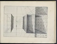 An illustration from Perspective, id est, Celeberrima ars inspicientis aut transpicientis oculorum aciei : in pariete, tabula aut tela depicta, in qua demonstrantur quaedam tam antiqua, quam nova aedificia, templorum, sive aedium, aularum, cubicularum, ambulaciorum, platearum, xystorum, hortorum, fororum, viarum et hujusmodi alia, quae nituntur suis fondamentalibus lineis, quorum fondamentum descriptionibus clare exsplicatur, perutilis ac necessaria, omnibus pictoribus, sculptoribus, statuariis, fabriferrariis, architectis, inventoribus, cæmentariis, scrinariis, fabrilignariis, & omnibus artium amatoribus, qui huic arti operam dare volent, majori cum voluptate, & minori cum labore (1604)