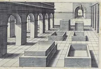 Picture 6 of 38 from Perspective, id est, Celeberrima ars inspicientis aut transpicientis oculorum aciei : in pariete, tabula aut tela depicta, in qua demonstrantur quaedam tam antiqua, quam nova aedificia, templorum, sive aedium, aularum, cubicularum, ambulaciorum, platearum, xystorum, hortorum, fororum, viarum et hujusmodi alia, quae nituntur suis fondamentalibus lineis, quorum fondamentum descriptionibus clare exsplicatur, perutilis ac necessaria, omnibus pictoribus, sculptoribus, statuariis, fabriferrariis, architectis, inventoribus, cæmentariis, scrinariis, fabrilignariis, & omnibus artium amatoribus, qui huic arti operam dare volent, majori cum voluptate, & minori cum labore (1604), leaf 44