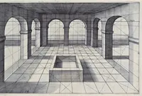 An illustration from Perspective, id est, Celeberrima ars inspicientis aut transpicientis oculorum aciei : in pariete, tabula aut tela depicta, in qua demonstrantur quaedam tam antiqua, quam nova aedificia, templorum, sive aedium, aularum, cubicularum, ambulaciorum, platearum, xystorum, hortorum, fororum, viarum et hujusmodi alia, quae nituntur suis fondamentalibus lineis, quorum fondamentum descriptionibus clare exsplicatur, perutilis ac necessaria, omnibus pictoribus, sculptoribus, statuariis, fabriferrariis, architectis, inventoribus, cæmentariis, scrinariis, fabrilignariis, & omnibus artium amatoribus, qui huic arti operam dare volent, majori cum voluptate, & minori cum labore (1604)