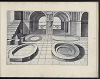 Picture 9 of 38 from Perspective, id est, Celeberrima ars inspicientis aut transpicientis oculorum aciei : in pariete, tabula aut tela depicta, in qua demonstrantur quaedam tam antiqua, quam nova aedificia, templorum, sive aedium, aularum, cubicularum, ambulaciorum, platearum, xystorum, hortorum, fororum, viarum et hujusmodi alia, quae nituntur suis fondamentalibus lineis, quorum fondamentum descriptionibus clare exsplicatur, perutilis ac necessaria, omnibus pictoribus, sculptoribus, statuariis, fabriferrariis, architectis, inventoribus, cæmentariis, scrinariis, fabrilignariis, & omnibus artium amatoribus, qui huic arti operam dare volent, majori cum voluptate, & minori cum labore (1604), leaf 54