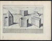An illustration from Perspective, id est, Celeberrima ars inspicientis aut transpicientis oculorum aciei : in pariete, tabula aut tela depicta, in qua demonstrantur quaedam tam antiqua, quam nova aedificia, templorum, sive aedium, aularum, cubicularum, ambulaciorum, platearum, xystorum, hortorum, fororum, viarum et hujusmodi alia, quae nituntur suis fondamentalibus lineis, quorum fondamentum descriptionibus clare exsplicatur, perutilis ac necessaria, omnibus pictoribus, sculptoribus, statuariis, fabriferrariis, architectis, inventoribus, cæmentariis, scrinariis, fabrilignariis, & omnibus artium amatoribus, qui huic arti operam dare volent, majori cum voluptate, & minori cum labore (1604)