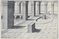 Picture 11 of 38 from Perspective, id est, Celeberrima ars inspicientis aut transpicientis oculorum aciei : in pariete, tabula aut tela depicta, in qua demonstrantur quaedam tam antiqua, quam nova aedificia, templorum, sive aedium, aularum, cubicularum, ambulaciorum, platearum, xystorum, hortorum, fororum, viarum et hujusmodi alia, quae nituntur suis fondamentalibus lineis, quorum fondamentum descriptionibus clare exsplicatur, perutilis ac necessaria, omnibus pictoribus, sculptoribus, statuariis, fabriferrariis, architectis, inventoribus, cæmentariis, scrinariis, fabrilignariis, & omnibus artium amatoribus, qui huic arti operam dare volent, majori cum voluptate, & minori cum labore (1604), leaf 64