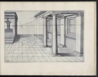 An illustration from Perspective, id est, Celeberrima ars inspicientis aut transpicientis oculorum aciei : in pariete, tabula aut tela depicta, in qua demonstrantur quaedam tam antiqua, quam nova aedificia, templorum, sive aedium, aularum, cubicularum, ambulaciorum, platearum, xystorum, hortorum, fororum, viarum et hujusmodi alia, quae nituntur suis fondamentalibus lineis, quorum fondamentum descriptionibus clare exsplicatur, perutilis ac necessaria, omnibus pictoribus, sculptoribus, statuariis, fabriferrariis, architectis, inventoribus, cæmentariis, scrinariis, fabrilignariis, & omnibus artium amatoribus, qui huic arti operam dare volent, majori cum voluptate, & minori cum labore (1604)