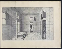 An illustration from Perspective, id est, Celeberrima ars inspicientis aut transpicientis oculorum aciei : in pariete, tabula aut tela depicta, in qua demonstrantur quaedam tam antiqua, quam nova aedificia, templorum, sive aedium, aularum, cubicularum, ambulaciorum, platearum, xystorum, hortorum, fororum, viarum et hujusmodi alia, quae nituntur suis fondamentalibus lineis, quorum fondamentum descriptionibus clare exsplicatur, perutilis ac necessaria, omnibus pictoribus, sculptoribus, statuariis, fabriferrariis, architectis, inventoribus, cæmentariis, scrinariis, fabrilignariis, & omnibus artium amatoribus, qui huic arti operam dare volent, majori cum voluptate, & minori cum labore (1604)