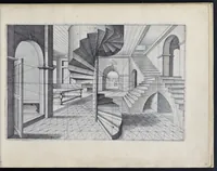 An illustration from Perspective, id est, Celeberrima ars inspicientis aut transpicientis oculorum aciei : in pariete, tabula aut tela depicta, in qua demonstrantur quaedam tam antiqua, quam nova aedificia, templorum, sive aedium, aularum, cubicularum, ambulaciorum, platearum, xystorum, hortorum, fororum, viarum et hujusmodi alia, quae nituntur suis fondamentalibus lineis, quorum fondamentum descriptionibus clare exsplicatur, perutilis ac necessaria, omnibus pictoribus, sculptoribus, statuariis, fabriferrariis, architectis, inventoribus, cæmentariis, scrinariis, fabrilignariis, & omnibus artium amatoribus, qui huic arti operam dare volent, majori cum voluptate, & minori cum labore (1604)