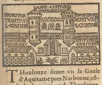 An illustration from Le catalogve des villes et citez assises es trois Gavles : auec le bastiment, erection, & fondation d'icelles : plus vn traicté de la proprieté des bains, fleuues, & fontaines admirables (1575)