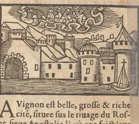 An illustration from Le catalogve des villes et citez assises es trois Gavles : auec le bastiment, erection, & fondation d'icelles : plus vn traicté de la proprieté des bains, fleuues, & fontaines admirables (1575)