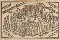An illustration from Le catalogve des villes et citez assises es trois Gavles : auec le bastiment, erection, & fondation d'icelles : plus vn traicté de la proprieté des bains, fleuues, & fontaines admirables (1575)