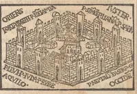 An illustration from Le catalogve des villes et citez assises es trois Gavles : auec le bastiment, erection, & fondation d'icelles : plus vn traicté de la proprieté des bains, fleuues, & fontaines admirables (1575)