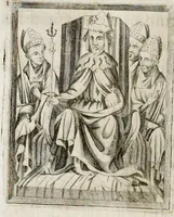 An illustration from Henrici Günteri Thülemarii ... Tractatio de Bulla Aurea, argentea, plumbea et cerea in genere, nec non in specie : de Aurea bulla Caroli IV imperatoris : Accedunt I. Textus Aureae bullae Caroli IV imper. anno 1356 Norimbergae & Metis sancitae ex autographo francofurtano fideliter descriptus. II. Copia MSti Aureae bullae Carolinae, quod in augustissima Bibliotheca vindobenensi invenitur ... III. & IV. Copiae duarum versionum germanicarum Aureae istius bullae, quae in dicta augustissima Bibliotheca caesarea & Curia francofurtana custodiuntur. V. Aurea bulla Andronici imperatoris constantinopolitani cum notis & addit. VI. Aurea bulla brabantina cum commentar. VII. Capitulatio Maximiliani II imperatoris ex originali, quod in serenissimi electoris palatini archivo adservatur, integra edita (1697)