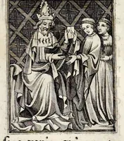An illustration from Henrici Günteri Thülemarii ... Tractatio de Bulla Aurea, argentea, plumbea et cerea in genere, nec non in specie : de Aurea bulla Caroli IV imperatoris : Accedunt I. Textus Aureae bullae Caroli IV imper. anno 1356 Norimbergae & Metis sancitae ex autographo francofurtano fideliter descriptus. II. Copia MSti Aureae bullae Carolinae, quod in augustissima Bibliotheca vindobenensi invenitur ... III. & IV. Copiae duarum versionum germanicarum Aureae istius bullae, quae in dicta augustissima Bibliotheca caesarea & Curia francofurtana custodiuntur. V. Aurea bulla Andronici imperatoris constantinopolitani cum notis & addit. VI. Aurea bulla brabantina cum commentar. VII. Capitulatio Maximiliani II imperatoris ex originali, quod in serenissimi electoris palatini archivo adservatur, integra edita (1697)