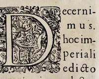 An illustration from Henrici Günteri Thülemarii ... Tractatio de Bulla Aurea, argentea, plumbea et cerea in genere, nec non in specie : de Aurea bulla Caroli IV imperatoris : Accedunt I. Textus Aureae bullae Caroli IV imper. anno 1356 Norimbergae & Metis sancitae ex autographo francofurtano fideliter descriptus. II. Copia MSti Aureae bullae Carolinae, quod in augustissima Bibliotheca vindobenensi invenitur ... III. & IV. Copiae duarum versionum germanicarum Aureae istius bullae, quae in dicta augustissima Bibliotheca caesarea & Curia francofurtana custodiuntur. V. Aurea bulla Andronici imperatoris constantinopolitani cum notis & addit. VI. Aurea bulla brabantina cum commentar. VII. Capitulatio Maximiliani II imperatoris ex originali, quod in serenissimi electoris palatini archivo adservatur, integra edita (1697)